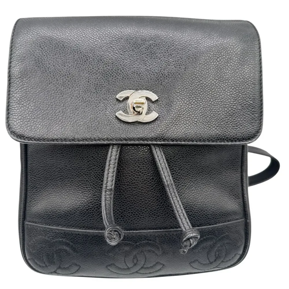 Chanel 1996-1997 Black Caviar Triple CC Backpack - Silver Hardware *RARE*